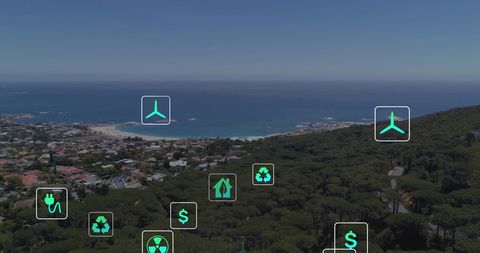 Digital Eco Icons Overlayed on Scenic Coastal Landscape