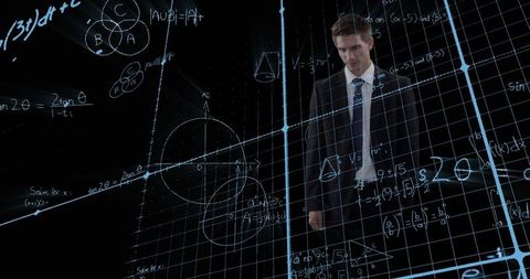 Businessman Interacting with Virtual Math Interface Technology Concept