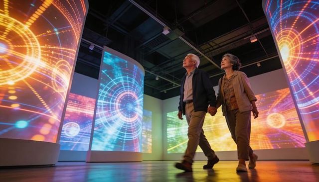 Senior couple holding hands walking through immersive gallery with vibrant curved projections