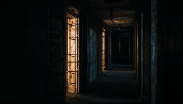 Eerie Abandoned Corridor Through Rusty Metal Doors