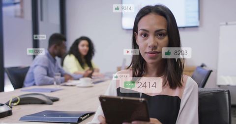 Businesswoman Analyzing Digital Engagement in Modern Office