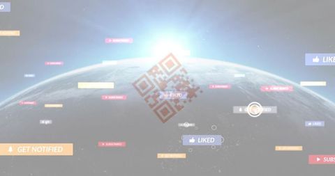 Holographic social media badges hovering over earth horizon at sunrise with qr code