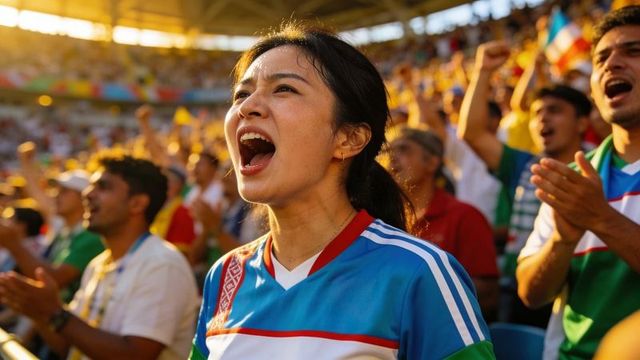 Passionate female soccer fan cheering and shouting in stadium stands at golden hour
