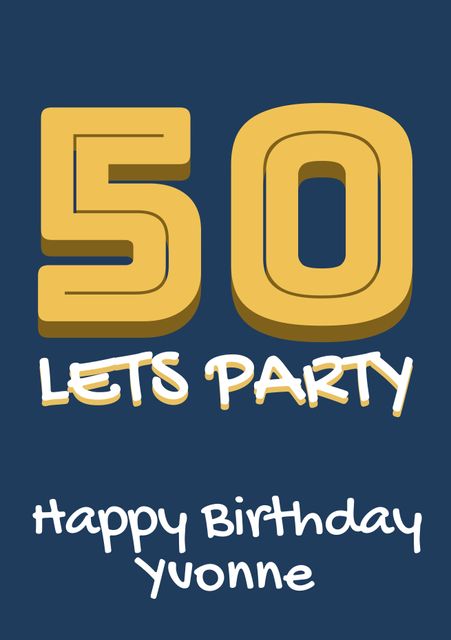 Bright and cheerful poster perfect for a 50th birthday celebration. The 'Let's Party' text and 'Happy Birthday' message add a festive touch to any birthday event, whether used for invitations, greeting cards, or party decor. The blue and gold color scheme conveys elegance and joy.