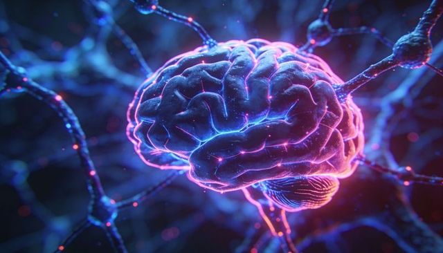 Glowing 3D brain pulsing within neon neural network, neuroscience and AI concept