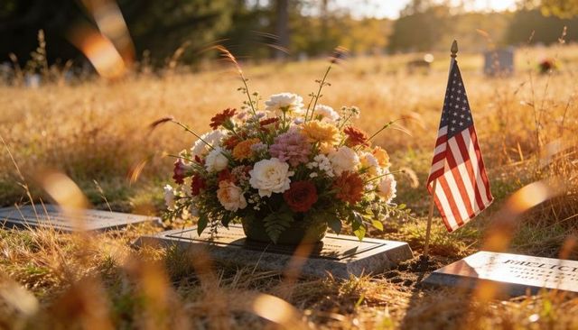 Sunlit gravesite with floral bouquet and american flag during golden hour remembrance moment