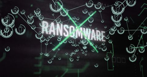 Ransomware threat in digital network with hacking symbols