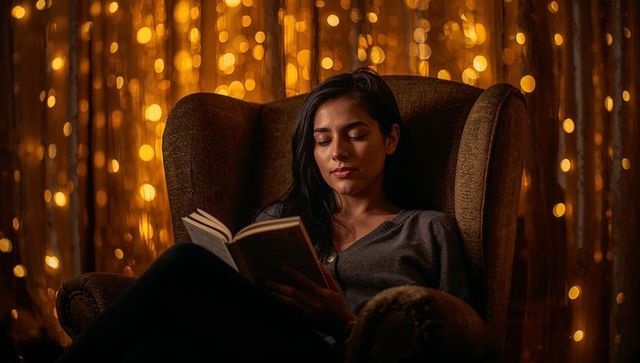 Woman reading in cozy wingback chair with warm string lights and golden bokeh