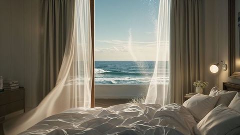 Ocean Breeze Gently Billowing Curtains in Peaceful Coastal Bedroom