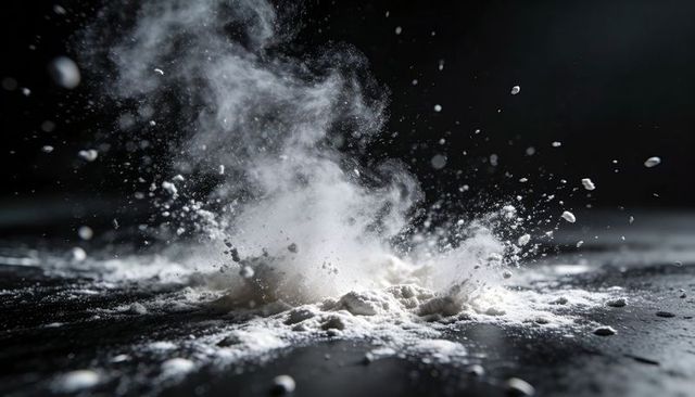 Exploding white powder cloud releasing billowing dust plume on dark reflective surface