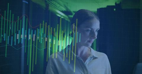 Financial analyst analyzing candlestick charts overlay in dim neon office glow