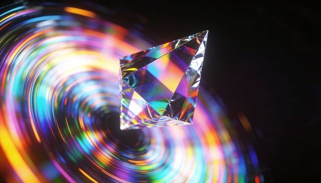 Faceted crystal prism casting vivid rainbow rings and streaks in dark studio