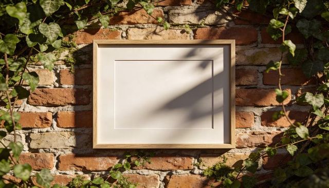 Sunlit wooden frame hanging on ivy-covered brick wall with dramatic shadow