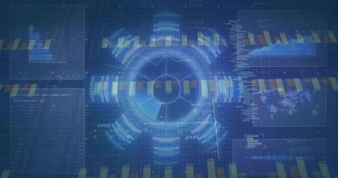 Displaying central circular holographic hud with concentric rings, data bars and analytics