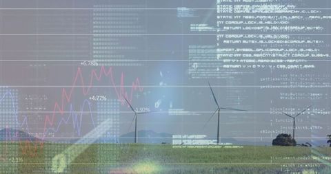 Wind Turbines in Digital Landscape Highlighting Renewable Energy and Data Innovation