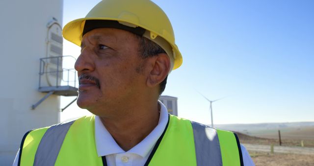 Man wearing yellow safety helmet and high-visibility vest, standing outdoors at wind farm, examining equipment. Ideal for use in renewable energy promotions, engineering projects, safety protocols in industrial settings, and environmental awareness campaigns.
