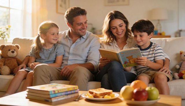 Cozy family reading together on sunlit sofa, parents sharing children's picture book