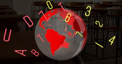 Spinning Globe and Floating Characters in Empty Classroom