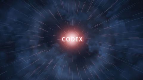 Glowing Red Sphere in Deep Space with Futuristic Codex Text