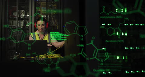 Engineer Working on Laptop in Server Room with Chemical Overlay