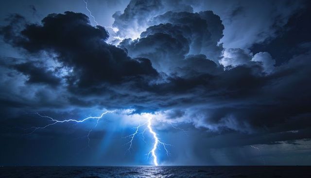 Lightning striking open ocean under towering cumulonimbus clouds at night