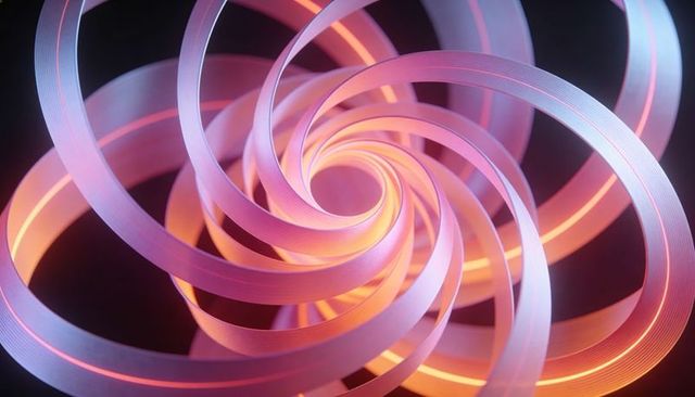Rotating Neon Spiral Vortex of Ribbed Ribbon Bands with Luminous Gradient Glow