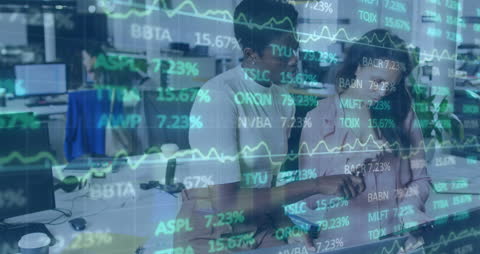 Diverse Coworkers Analyzing Reports with Stock Market Overlay