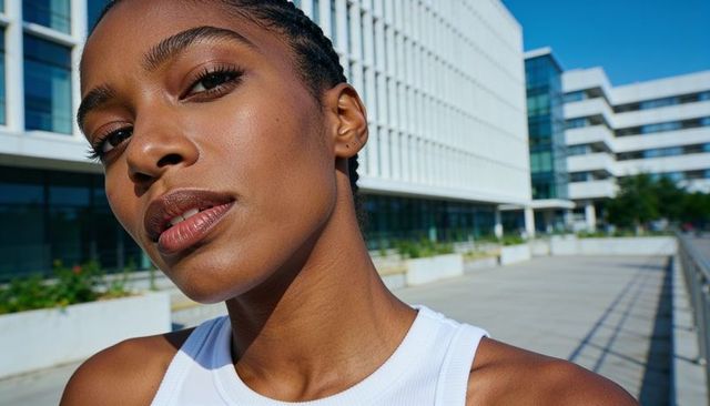 Confident young woman tilting face toward camera in modern office plaza under sunlight