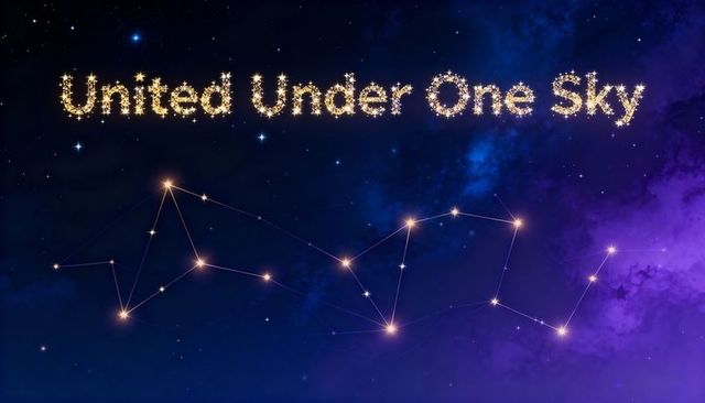 Sparkling golden united under one sky text over cosmic nebula with linked constellation