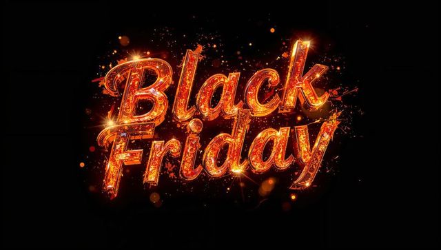 Fiery black friday glowing script typography with sparks, lens flares and 3d glow