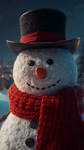 Vertical video zooming to friendly snowman wearing top hat red scarf on snowy night