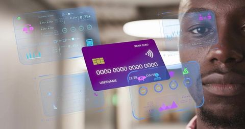 Futuristic Financial Analysis with Holographic Displays and Virtual Credit Card