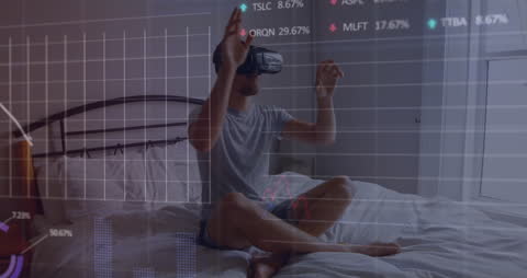 Man Using VR Headset with Financial Data Overlay