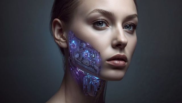 Futuristic woman revealing illuminated cybernetic jaw panel with gears and blue leds