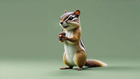 Realistic chipmunk holding acorn on green background