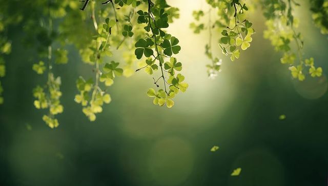 Sunlit clover leaves hanging from delicate vine backlit with soft bokeh and drifting leaflets