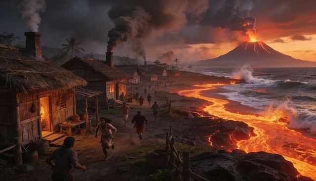 Volcano eruption forcing villagers fleeing as lava flow reaches coastal village at sunset