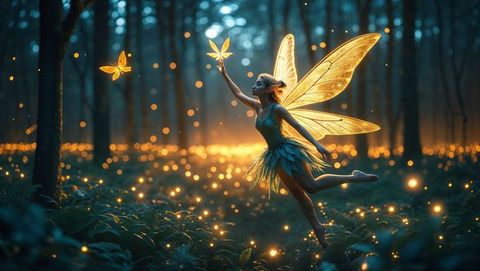 Enchanted Fairy in Luminous Forest Reaching for Glowing Butterfly