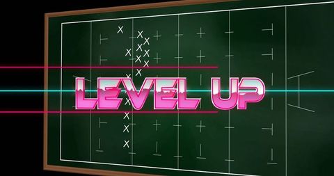 Neon level up text over chalkboard playbook showing coaching field diagram and strategy