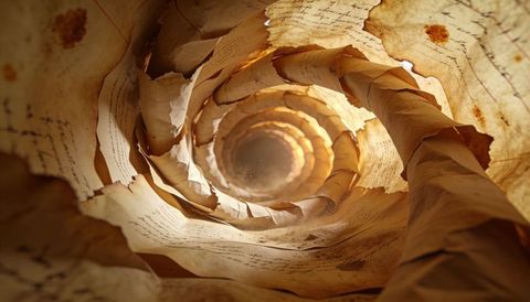 Spiraling aged parchment tunnel with handwritten script, warm amber light and dust