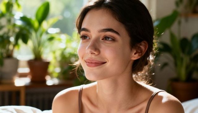 Sunlit young woman smiling and sitting by window with indoor plants, serene morning portrait