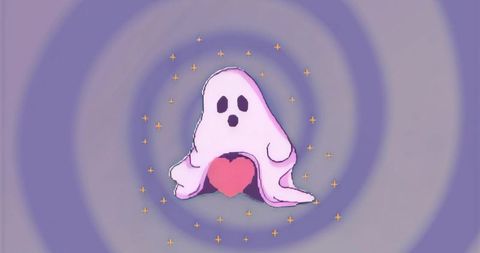 Charming ghost with heart amidst gold sparkles on spiral background