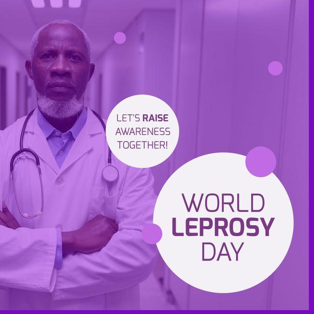 Composition of world leprosy day text with male doctor with stethoscope and purple background. World leprosy day, healthcare and disease awareness concept digitally generated video.