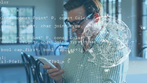 Businessman Utilizing Smartphone Amidst Digital Data Visualization