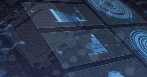 Futuristic holographic dashboard animating rising blue bar charts on circuit grid interface