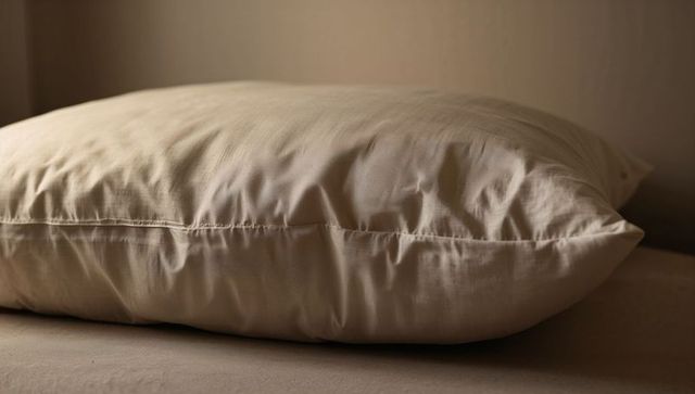 Resting beige pillow on neutral mattress showing stitched seam and soft wrinkles, minimalist
