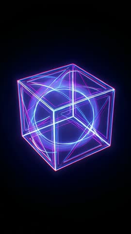 Rotating Neon Wireframe Cube Revealing Glowing Core in Cyberpunk Void Futuristic Vertical Loop