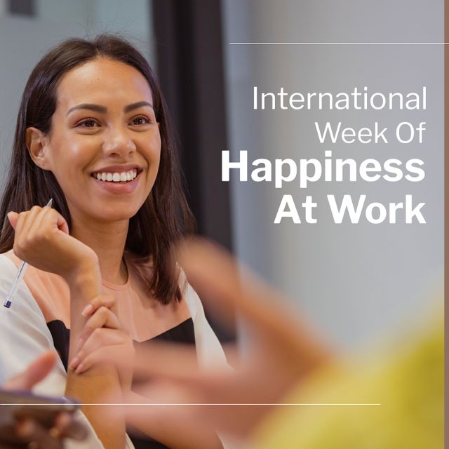 Digital image of smiling young asian female employee, international week of happiness at work text. Copy space, workplace, holiday, celebration, employee happiness are integral to business's success.
