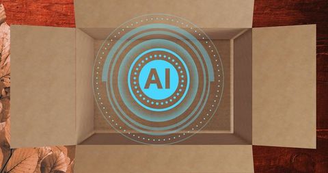 Open cardboard box projecting cyan ai hologram with futuristic digital rings top-down view