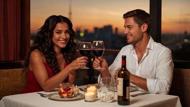 Intimate Romantic Sunset Dinner Toasting Red Wine at Candlelit City-View Restaurant
